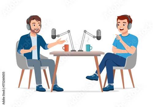 Two Man Talking on a Podcast Sitting at a Table with Microphones and Coffee Mugs Illustration