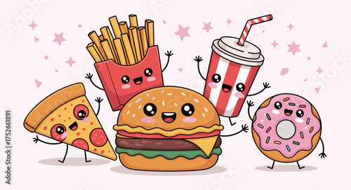 fast food characters vector, smiling burger, fries, pizza, donut, soda cup, playful snack illustration, cute anthropomorphic