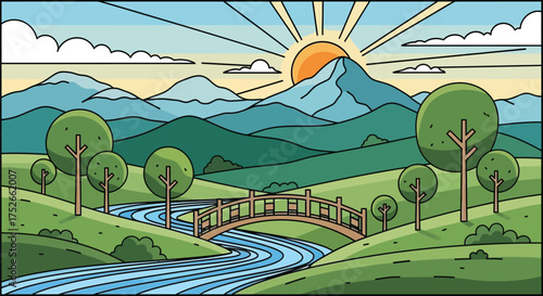 Scenic cartoon landscape of mountains, trees, bridge and river at sunrise