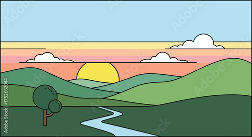Minimalist Sunrise Over Rolling Green Hills and Tranquil River Landscape