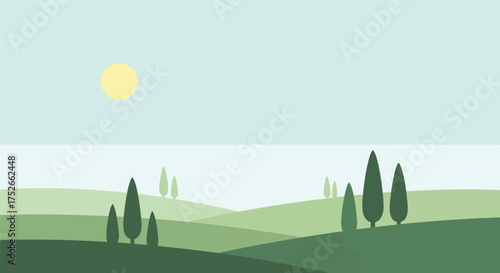 Serene Tuscany Style Landscape with Rolling Hills and Cypress Trees