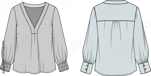 Women's blouse technical flat sketch, V-neck long sleeve top fashion design with cuff details, front and back view, cad drawing flat vector illustration