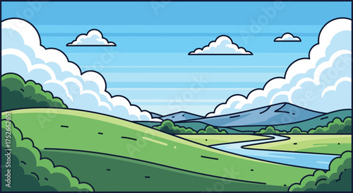 Tranquil cartoon landscape with rolling hills, fluffy clouds and winding river