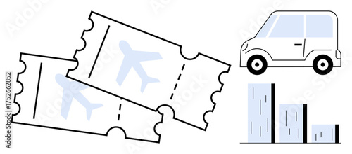 Two airplane tickets, compact car, and ascending bar graph. Ideal for travel, commute, analytics, transport, business growth, tourism or statistical planning simple flat metaphor