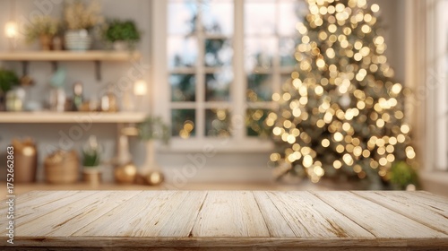 Holiday Table Setting: A warmly lit wooden table takes center stage in an inviting, blurred scene, where a decorated Christmas tree shines brightly, setting the stage for holiday gatherings.