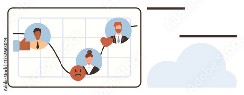 Graph with avatar icons on timeline, emotional icons thumbs up sad face, feedback items like thumbs up. Ideal for analytics, team dynamics, emotions, feedback, performance, decision-making simple