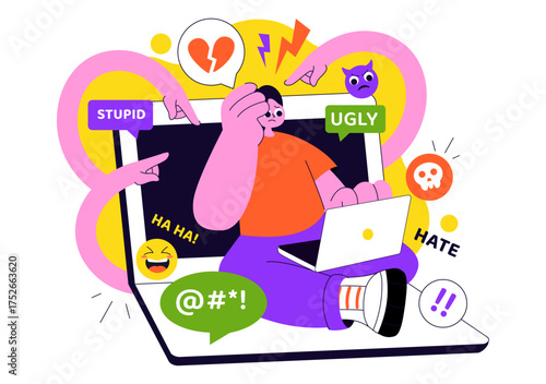 Cyberbullying Illustration Featuring Online Harassment, Network Abuse, and Negative Internet Influence Such as Insults, Swearing, and Verbal Abuse