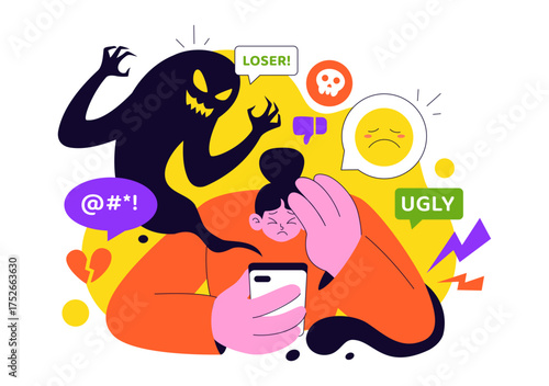Cyberbullying Illustration Featuring Online Harassment, Network Abuse, and Negative Internet Influence Such as Insults, Swearing, and Verbal Abuse