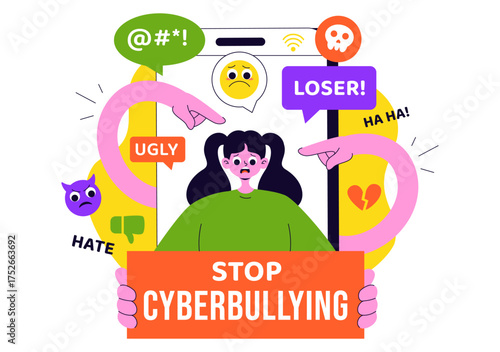 Cyberbullying Illustration Featuring Online Harassment, Network Abuse, and Negative Internet Influence Such as Insults, Swearing, and Verbal Abuse