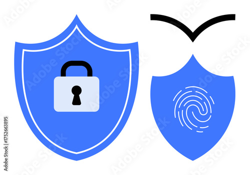 Blue shields with a padlock and fingerprint emphasize security and protection. Ideal for technology, cyber safety, encryption, biometrics, authentication, privacy, secure access. Simple flat metaphor