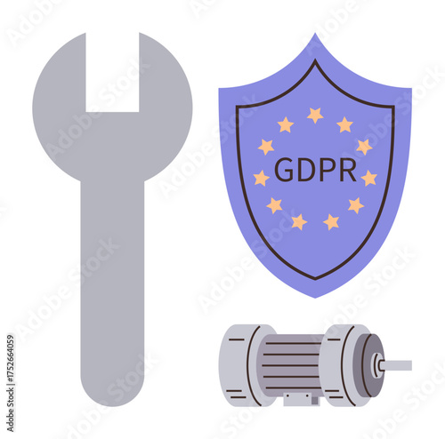 Shield labeled GDPR with stars, wrench, and motor emphasize data protection, system compliance, and industrial machinery. Ideal for privacy, regulations, security, repair technology manufacturing