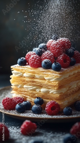 Wallpaper Mural Beautiful mille-feuille pastry dessert with berries and vanilla filling, soft warm colors, elegant composition, and fine food photography detail. Torontodigital.ca