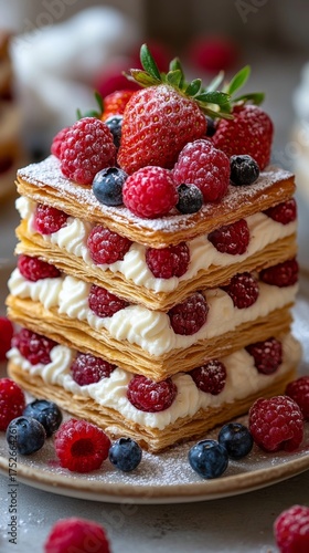 Wallpaper Mural Delicate layered puff pastry with creamy filling and fresh berries, styled with warm light and minimal elegant presentation.
 Torontodigital.ca