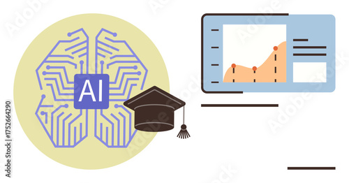 AI brain graphic, graduation cap, and data chart interface suggest education, learning, technology, and innovation. Ideal for online learning, technology integration, data analysis AI applications
