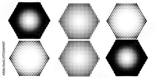 Set of dotted abstract shapes. Hexagonal halftone pattern. Half tone design elements in geometric tech style for logo, banner, web page, print, poster, business cards and template.