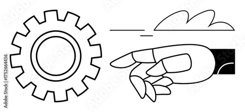Robotic hand reaching towards a gear mechanism under a cloud motif, representing technology, innovation, automation, progress, efficiency, AI integration, and future concepts. Ideal for simple flat