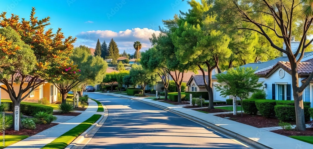 Fototapeta premium Upscale Costa Mesa homes, tree-lined streets, lush landscaping, light, Costa Mesa