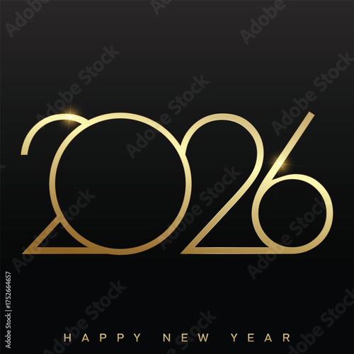 Elegant Happy New Year 2026 logo in golden thin line style. Vector