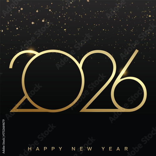 Elegant Happy New Year 2026 design with golden line art and glitter. Vector