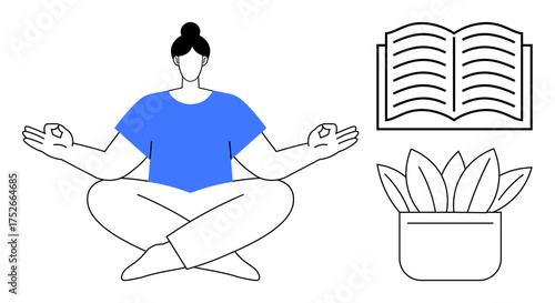 Woman sits cross-legged in a meditative pose, flanked by an open book and a minimalist plant. Ideal for mindfulness, balance, personal development, education, self-care, wellness calm lifestyle. A