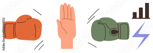 Two punching gloves boxing, one hand making a stop gesture, growth chart, and lightning bolt. Ideal for teamwork, negotiation, leadership, mediation, decision-making communication simple flat