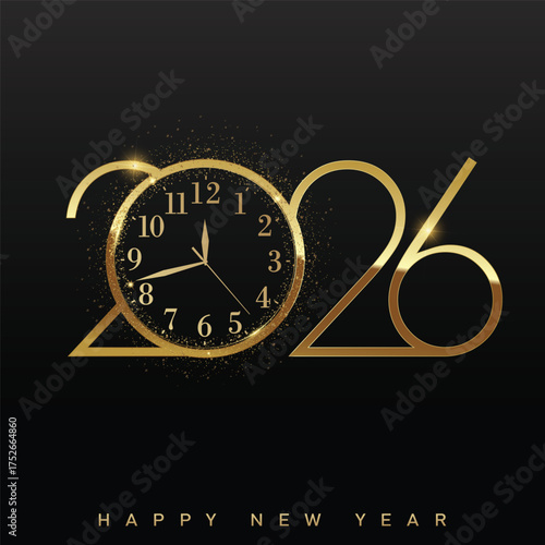 Luxury New Year 2026 countdown clock with golden glitter burst. Vector