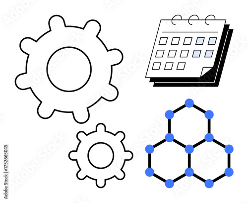 Gears, a molecular hexagonal structure, and a calendar signify teamwork, innovation, scheduling, science, goal management, process optimization and research. Ideal for productivity technology