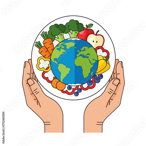 Hands holding a plate of fresh fruits and vegetables surrounding a miniature Earth, symbolizing healthy eating and global food security.