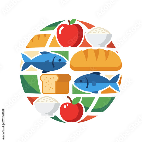 Illustration of healthy food including fish, bread, rice, and apples.