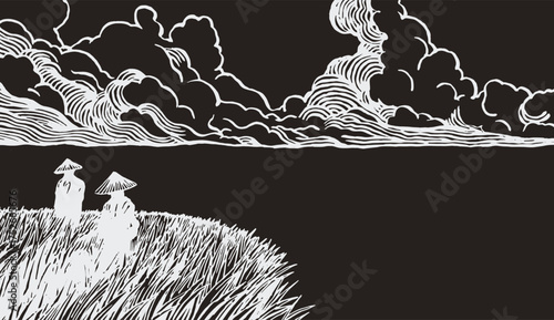 Hand drawn black and white scene of two farmers in conical hats standing in a rice field beneath dramatic, stylized clouds. Asian-inspired woodcut illustration.