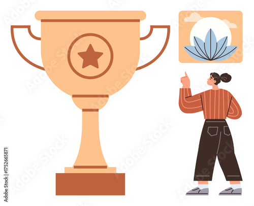 Woman in casual attire pointing at a serene lotus flower in a frame beside a large star-marked trophy. Ideal for success, achievement, motivation, goals, mindfulness, personal growth, simple flat