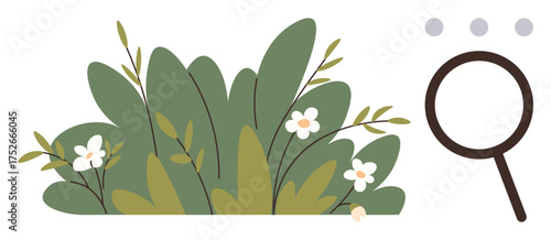 Magnifying glass beside lush green bushes and white flowers emphasizes exploration, focus, and observation. Ideal for research, biology, ecology, discovery, investigation, education attention