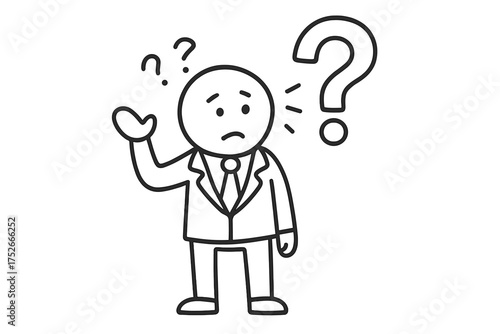 Confused businessman character asking a question. Doodle vector icon of a man with question marks. Concept of doubt, problem-solving, searching for a solution, and uncertainty.