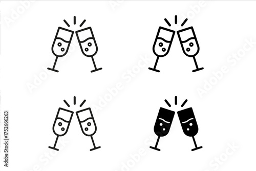 Champagne toast cheers vector icon set. Party celebration illustration. Thin line trendy design of glasses clinking with bubbles. 4 styles for festive events. Transparent background.