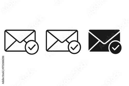 Email sent icon set. Message received, mail delivered concept. Envelope with check mark vector illustration. UI UX web design element. Confirmation, success, notification symbol.