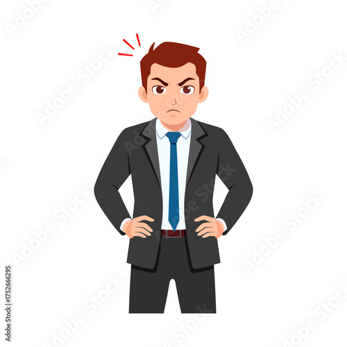 Frowning Caucasian Businessman with Hands on Hips in Suit Expressing Anger and Disappointment Illustration