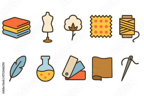 Fabric icons set for textile and sewing. Vector collection of tailoring symbols like mannequin, cotton, pattern, thread, needle, swatches. Fashion design and dressmaking elements.