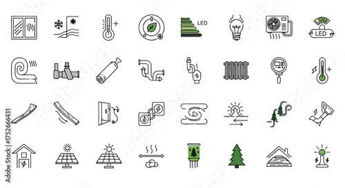 Energy Efficient Icons: A diverse array of energy-efficient icons, representing various aspects of sustainable living and technological advancements.