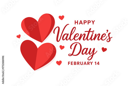 Happy Valentine's Day greeting. February 14 celebration banner. Vector illustration with paper cut hearts. Romantic calligraphy text design. Love symbol on transparent background.