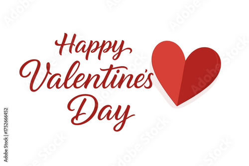 Happy Valentine's Day calligraphy text with paper cut heart. February 14th vector banner for greeting card. Romantic love symbol illustration. Isolated on transparent background.