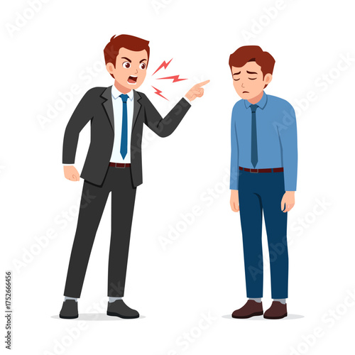 Angry Boss Scolding Sad Employee Pointing Finger with Red Lightnings in Office Bullying
