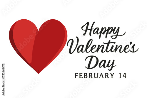 Happy Valentine's Day February 14. Vector banner background with calligraphy text and 3d paper heart. Love symbol. Romantic greeting card illustration. Holiday design element.