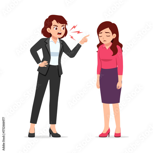 Angry businesswoman scolding upset female employee boss blaming subordinate illustration