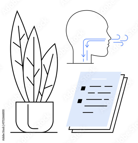 Indoor potted plant, human head with airflow arrows, and document checklist. Ideal for wellness, environment, healthy lifestyle, relaxation, productivity mindfulness education. Simple flat metaphor