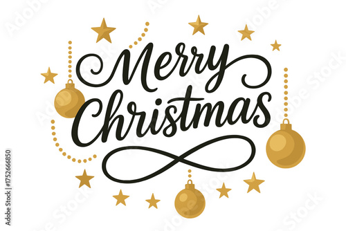 Merry Christmas calligraphic handwritten text. Happy Xmas lettering. Vector illustration with gold stars and baubles. Holiday greeting card design. Festive decoration isolated.