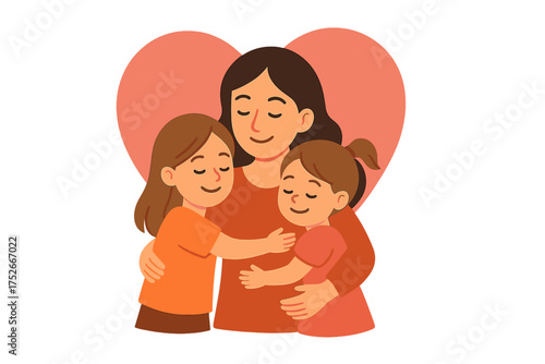 Mother hugging two daughters vector. Happy Mother's Day card. Woman embracing children with love. Mom with two kids. Family portrait, motherhood, parenthood, single mom concept.