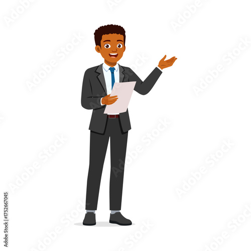 Smiling African American businessman holding documents and gesturing with his hand giving presentation