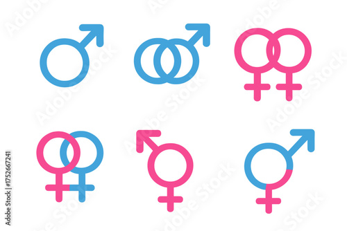 Gender and sexual orientation vector icon set. Male, female, gay, lesbian, bisexual, transgender symbols. LGBTQ+ community pride signs. Hetero, homo, bi graphic elements.