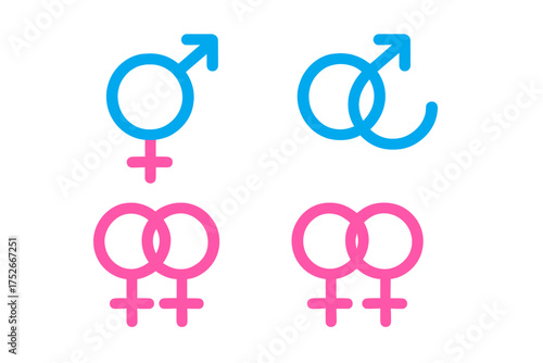 Sexual orientation vector symbols set. Gender signs for heterosexual, gay, lesbian relationships. Male and female couple love concept. LGBTQ+ community pride graphic icons.
