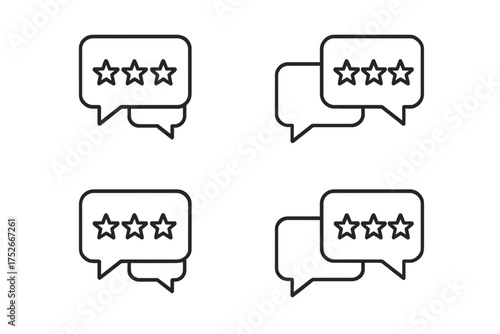 Customer feedback icons. Rate and review with stars. Service testimonial speech bubble. Quality evaluation concept. Customer satisfaction survey. Chat balloon opinion symbol set.